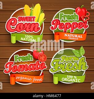 Farm Fresh, l'étiquette des aliments biologiques - Maïs doux, poivre,badges de tomate ou joints sur le fond en bois, vector illustration. Illustration de Vecteur