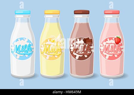 Bouteilles avec fraise, banane et chocolat au lait Modèle d'étiquette. Vector illustration. Illustration de Vecteur