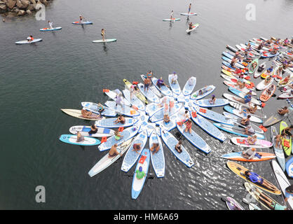 Vue aérienne de fleurs faites par stand-up paddle boarders (SUP) Banque D'Images