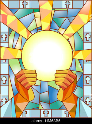 Illustration du vitrail avec un prêtre rompre le pain Banque D'Images