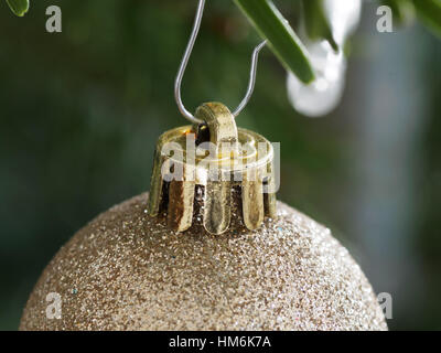 Golden Bauble hanging Down à partir d'une branche d'arbre de Noël. Champ faible profondeur Banque D'Images