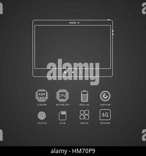 Spécifications de l'ordinateur tablette avec ligne plate d'icônes. Illustration de Vecteur