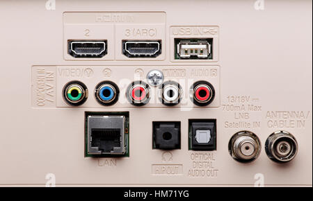 Connecteurs d'entrée et de sortie de la télévision moderne de bord. Lan, HDMI, composant, AV, USB et etc Banque D'Images