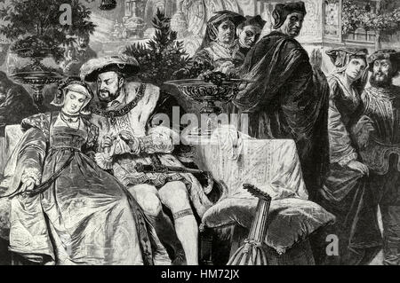 Henry VIII (1491-1547). Roi d'Angleterre. Henry VIII avec Anne Boleyn (1501-1536) au Palais du Cardinal Wolsey. Après peinture gravure par Karl von Piloty, 19e siècle. Banque D'Images