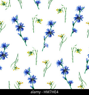 Modèle sans couture avec fusée jaune et bleu fleurs de chicorée. La main de l'aquarelle sur fond blanc. Banque D'Images