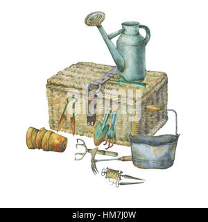 Illustration d'outils de jardinage. La main de l'aquarelle sur fond blanc. Banque D'Images