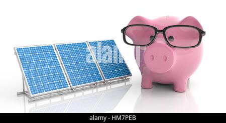 Le rendu 3d des panneaux solaires et piggy bank on white background Banque D'Images