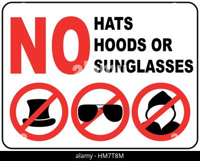 Pas de lunettes de soleil aviateur, pas de chapeau, pas de signe d'interdiction rouge hottes, icône de cercle sur fond blanc. Pas autorisé symbole. Entrée interdite. Interdiction. Illus vectoriel Illustration de Vecteur