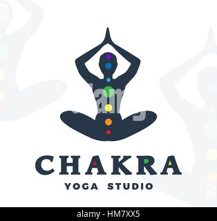 Logo Yoga studio modèle. Logotype de l'entreprise de chakra. La méditation poser silhouette design. Homme vecteur étiquette. Creative Wellness illustration. Illustration de Vecteur