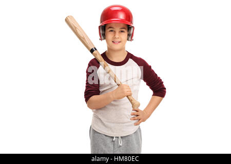 Petit garçon avec un bâton de baseball isolé sur fond blanc Banque D'Images