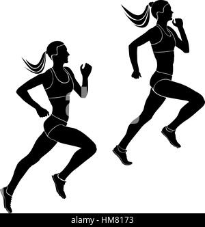Deux athlètes femmes silhouettes noires de la concurrence pour les coureurs Banque D'Images