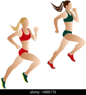 Deux athlètes femmes silhouettes couleur coureurs Banque D'Images