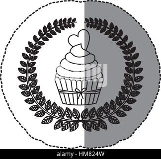 Ombre moyen sticker monochrome avec couronne d'olivier avec cupcake à la crème et coeur illustration Illustration de Vecteur