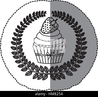 Ombre moyen autocollant monochrome avec couronne d'olivier avec cupcake à la crème de fraise et vector illustration Illustration de Vecteur