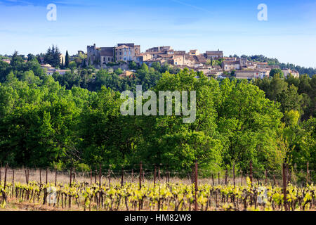 Vue du village de Grambois, Luberon, Provence, France avec des vignes en premier plan Banque D'Images