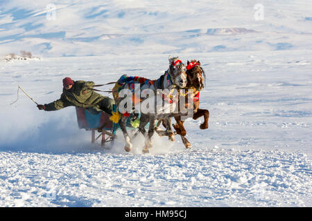 Ardahan, Turquie - le 14 janvier 2017 : Sleigh sur lac gelé Cildir dans Ardahan ville de Turquie le 14, 2017. Banque D'Images