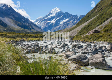 Voir le Hooker Valley à Aoraki Mount Cook (Aoraki), (Mont Cook) National Park, district de Mackenzie, Canterbury, Nouvelle-Zélande Banque D'Images