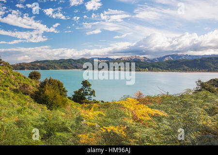 Vue sur la baie de sable de l'Abel Tasman Coast Track, Abel Tasman National Park, près de Marahau, Tasman, île du Sud, Nouvelle-Zélande Banque D'Images