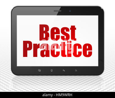 L'étude de concept : Tablette PC Ordinateur avec le texte en rouge les meilleures pratiques sur l'affichage, rendu 3D Banque D'Images