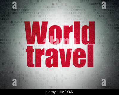 Concept du tourisme : Voyage du Monde mot peinte en rouge sur fond de papier de données numériques Banque D'Images