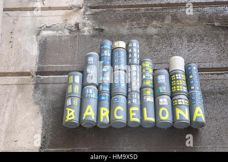 Barcelone - 4 juin : Hommage à la ville de Barcelone le 6 juin 2016 dans la rue Sant Pau, Barcelone, Espagne. L'hommage est faite avec des canettes recyclées et peint Banque D'Images