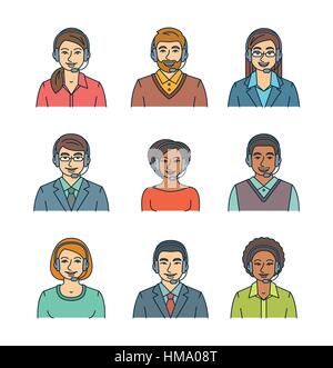 Les agents de centre d'appel ligne plate des avatars. Les opérateurs de chat en direct, les gars et les filles les visages de sourire. Service de support clientèle en ligne avec headphon assistants Illustration de Vecteur