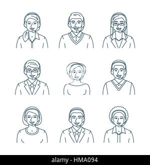 Les agents de centre d'appel ligne plate des avatars. Les opérateurs de chat en direct, les gars et les filles les visages de sourire. Service de support clientèle en ligne avec headphon assistants Illustration de Vecteur