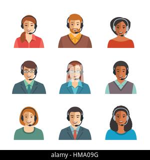 Les agents de centre d'appel télévision avatars. Les opérateurs de chat en direct, les gars et les filles les visages de sourire. Service de support client en ligne avec le casque. D'AIDE Illustration de Vecteur