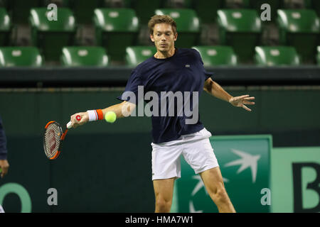 Coupe Davis 2017 Tennis : session pratique à Tokyo Ariake Colosseum sur 01-02-2017 - 1er tour : Japon / France - Nicolas Mahut (FRA) en action pendant une session de formation pour l'équipe de France Banque D'Images