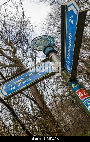 L'orientation et des panneaux d'information à la pêche parking pour Hadnock Arrêter trail, forêt de Dean. Banque D'Images