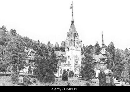 Croquis du château de Peles dans les Carpates Banque D'Images