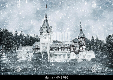 Effet d'hiver numérique du château de Peles dans les Carpates de Roumanie Banque D'Images