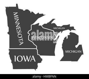 Minnesota - Iowa - Wisconsin - Michigan site étiqueté illustration noir Illustration de Vecteur