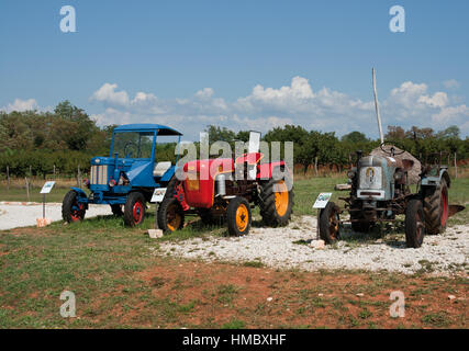 Stihl, Eicher Hanomag et anciens tracteurs sur l'affichage à l'exposition de vieux tracteurs et l'affichage des articles a propos de pain, l'huile et du vin. Banque D'Images