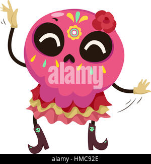 Mascot Illustration d'un crâne en sucre coloré vêtu d'un costume traditionnel mexicain effectuant une danse Banque D'Images