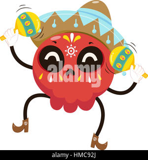 Mascot Illustration d'un crâne en sucre coloré vêtu d'un costume de Mariachi jouant avec les Maracas Banque D'Images