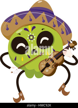 Mascot Illustration d'un crâne en sucre coloré vêtu d'un costume de Mariachi à jouer du violon Banque D'Images