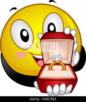 Mascot Illustration d'un Smiley Lovestruck présentant une bague de fiançailles avec un diamant sur le dessus Banque D'Images