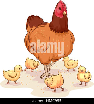 Illustration d'un animal à la mère poule après ses poussins pendant qu'ils grappiller pour l'alimentation Banque D'Images