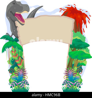 L'illustration de la bannière avec un thème préhistorique doté d''un T Rex, un volcan en éruption, et une forêt tropicale dense Banque D'Images
