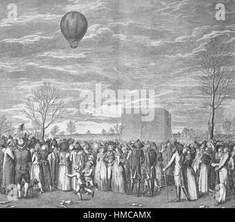 Vol en ballon à Nuremberg, Allemagne, par Jean-Pierre Blanchard- 1753 - 1809, un inventeur français, connu comme un pionnier dans le vol en ballon, photo ou illustration, publié en 1892, l'amélioration numérique Banque D'Images