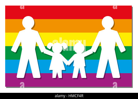 Les parents LGBT - deux pères avec la fille et le fils - icône sur la fierté d'un drapeau. Banque D'Images