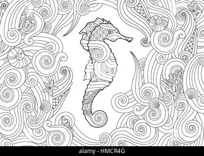 Croquis dessinés à la main, entouré de vagues d'hippocampes dans zentangle style inspiré. Illustration de Vecteur