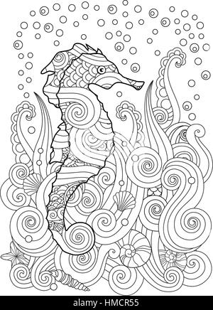 Croquis dessinés à la main, sous la mer d'hippocampes dans zentangle style inspiré. Illustration de Vecteur