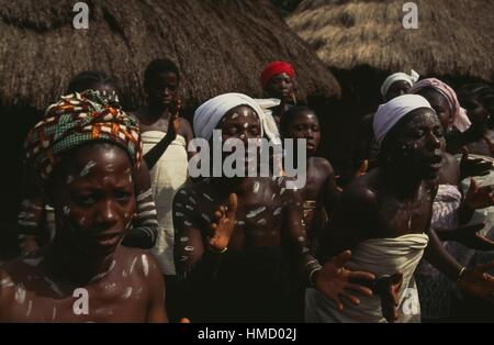 Yacouba femmes effectuant une danse dans le village de Silacoro sur les pentes du mont Zala, région de Man, Côte d'Ivoire. Banque D'Images
