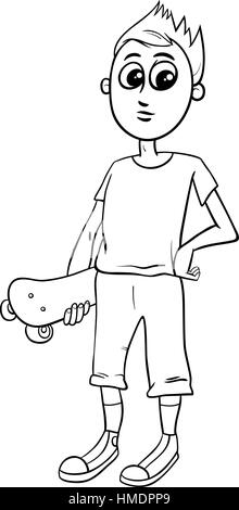 Cartoon noir et blanc Illustration de Teen Boy with Skateboard Coloriage Illustration de Vecteur