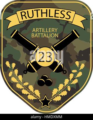 Emblème militaire Artillerie Canons avec patch, ruban et branche de chêne. Logo de l'Armée de chevron sur fond comouflage Illustration de Vecteur