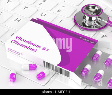 Le rendu 3D de la vitamine B1 Comprimés couchant avec stéthoscope sur clavier d'ordinateur Banque D'Images