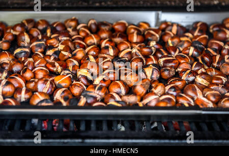 La torréfaction châtaignes grillées sur barbecue avec des flammes, le feu et le charbon de bois. Des châtaignes grillées sont préparés en barbecue cheminée. Banque D'Images