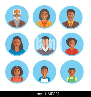 African American family visages heureux. Télévision vecteur des avatars. Les Noirs tous les âges génération icônes simples. Mère, père, adultes, ados, enfants port Illustration de Vecteur